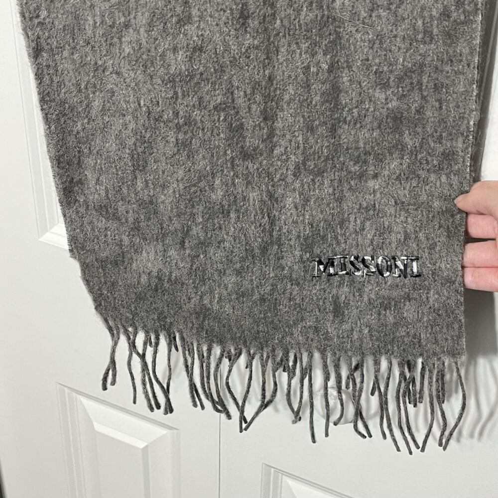 Missoni Scarf Womens Long Gray Wool Knit Fringe Embroidered Logo Winter Designer